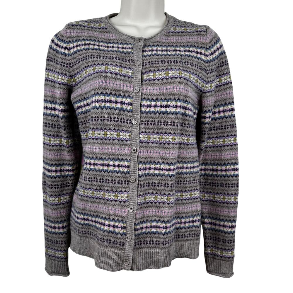 Tabitha Webb Fair Isle Cardigan Sweater Wool Nordic Button Front Tan Pink Medium
